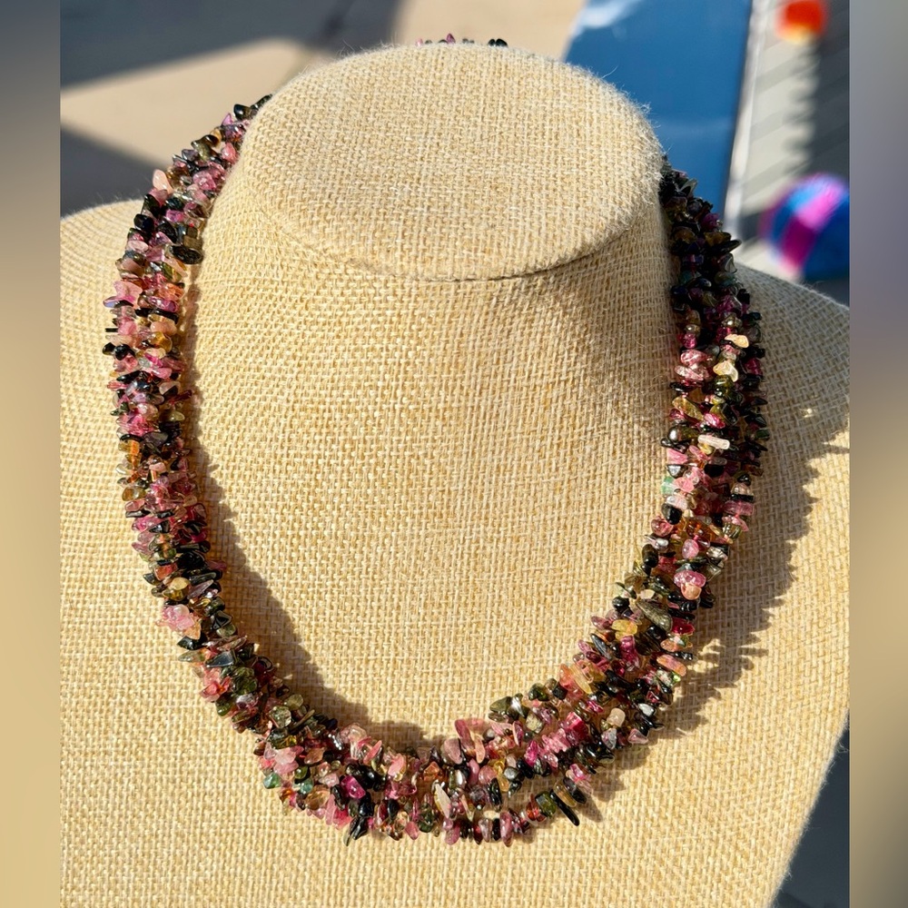 Multicolor Tourmaline Gemstone Necklace 5 Strands 925 clasp